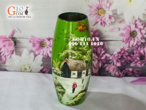 Lọ hoa sơn mài xanh dáng bom vẽ làng quê 43cm