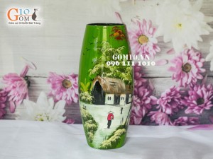Lọ hoa sơn mài xanh dáng bom vẽ làng quê 33cm