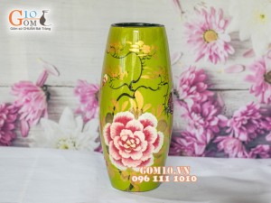 Lọ hoa sơn mài xanh dáng bom vẽ phù dung 28cm