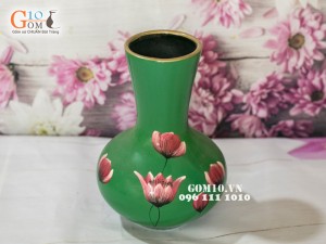 Lọ hoa sơn mài nền xanh dáng tỏi thấp vẽ hoa, 25cm