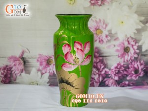 Lọ hoa sơn mài xanh dáng viền cổ vẽ hoa sen 32cm