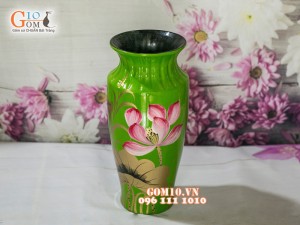 Lọ hoa sơn mài xanh dáng viền cổ vẽ hoa sen 32cm