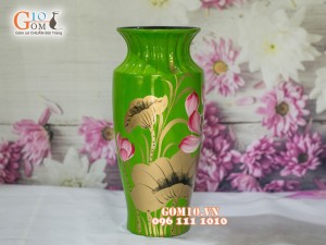 Lọ hoa sơn mài xanh dáng viền cổ vẽ hoa sen 32cm