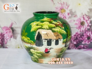 Lọ hoa sơn mài xanh dáng vò miệng rộng vẽ làng quê 25cm