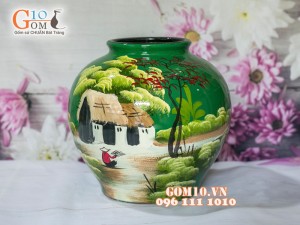 Lọ hoa sơn mài xanh dáng vò miệng rộng vẽ làng quê 25cm