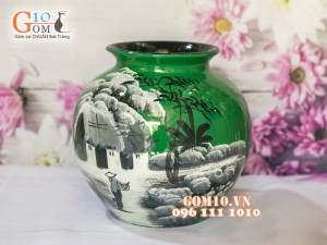 Lọ hoa sơn mài xanh dáng vò vẽ làng quê 23cm