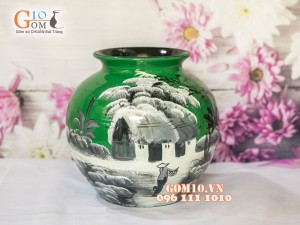 Lọ hoa sơn mài xanh dáng vò vẽ làng quê 23cm