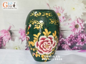 Lọ hoa sơn mài xanh dáng xoài vẽ phù dung 26cm