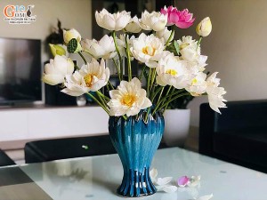 Lọ hoa tay phật men hoả biến xanh đá, cao 28cm