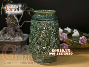 Lọ hoa viền cổ khắc hoa Mẫu Đơn, cao 25cm