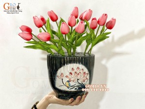 Lọ hoa dáng đài sen men hỏa biến vẽ Sen, đường kính 17,5cm