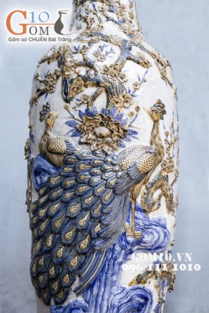 Lọ Lộc bình đắp nổi Công Đào men rạn cổ bọc đồng Cao 1m75