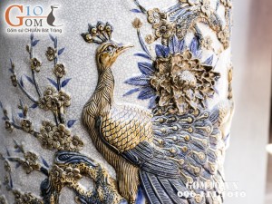 Lọ Lộc bình đắp nổi Công Đào men rạn cổ bọc đồng Cao 1m75