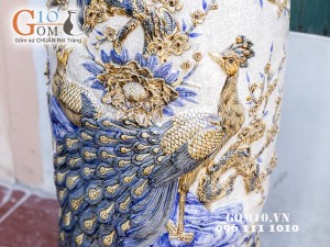 Lọ Lộc bình đắp nổi Công Đào men rạn cổ bọc đồng Cao 1m75