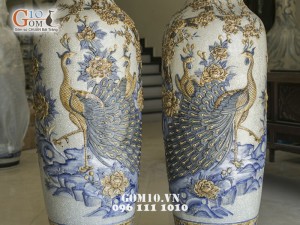 Lọ Lộc bình đắp nổi Công Đào men rạn cổ, Cao 1m75