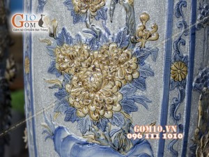 Lọ lộc bình đắp nổi Tứ Cảnh men rạn cổ 1m4 , bọc đồng (Cả chân kê 1m55)