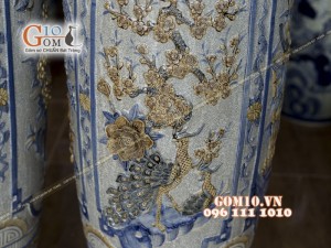 Lọ lộc bình đắp nổi Tứ Cảnh men rạn cổ 1m4 , bọc đồng (Cả chân kê 1m55)