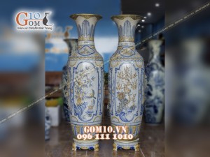 Lọ lộc bình đắp nổi Tứ Cảnh men rạn cổ 1m4 , bọc đồng (Cả chân kê 1m55)