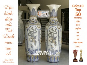 Lọ lộc bình đắp nổi Tứ Linh men rạn cổ 1m4 (cả chân kê 1m55)