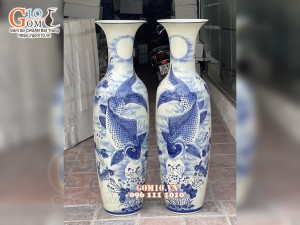 Lọ lộc bình men lam vẽ Lý Ngư Vọng Nguyệt cao cấp, cao 1m40