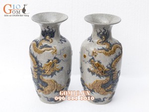 Đôi lộc bình men rạn đắp nổi Rồng Phú Quý, cao 42cm