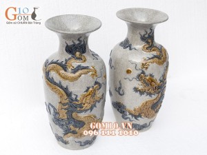 Đôi lộc bình men rạn đắp nổi Rồng Phú Quý, cao 42cm