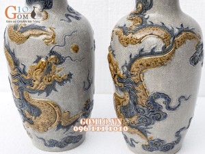 Đôi lộc bình men rạn đắp nổi Rồng Phú Quý, cao 42cm