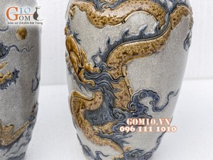 Đôi lộc bình men rạn đắp nổi Rồng Phú Quý, cao 42cm