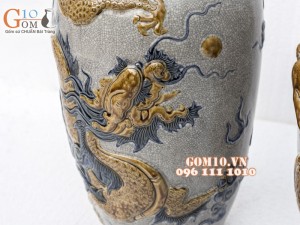 Đôi lộc bình men rạn đắp nổi Rồng Phú Quý, cao 42cm