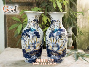 Lọ lộc bình men rong cổ cảnh Hoa Sen 32cm - Vẽ Vàng 24k