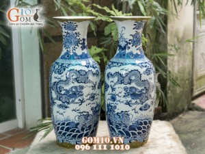 Lọ lộc bình men lam cổ vẽ tứ linh, bọc đồng 60cm