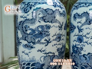 Lọ lộc bình men lam cổ vẽ tứ linh, bọc đồng 60cm