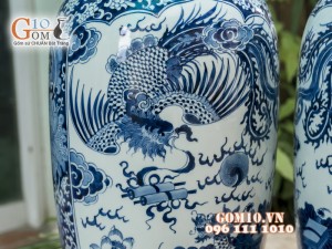 Lọ lộc bình men lam cổ vẽ tứ linh, bọc đồng 60cm