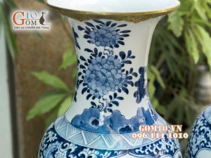 Lọ lộc bình men lam cổ vẽ tứ linh, bọc đồng 60cm