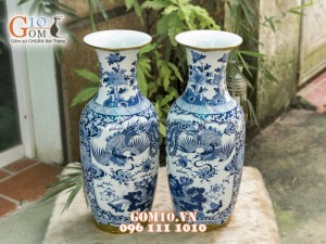 Lọ lộc bình men lam cổ vẽ tứ linh, bọc đồng 60cm