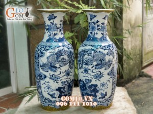 Lọ lộc bình men lam cổ vẽ tứ linh, bọc đồng 60cm