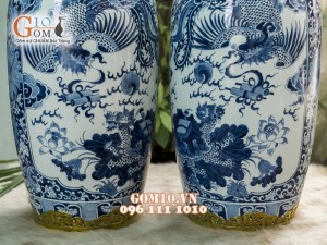 Lọ lộc bình men lam cổ vẽ tứ linh, bọc đồng 60cm