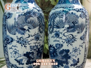 Lọ lộc bình men lam cổ vẽ tứ linh, bọc đồng 60cm