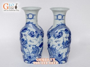 Đôi lọ lộc bình men dong Rồng nổi, cao 37cm