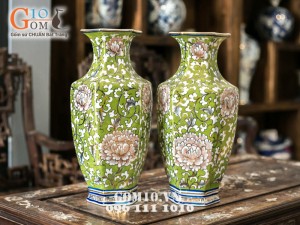 Lọ lục lăng xanh vẽ hoa dây vàng kim 38cm