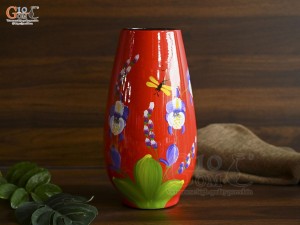 Lọ sơn mài dáng cúp miệng màu đỏ vẽ hoa lan tím, cao 30cm