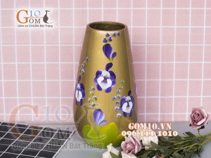 Lọ sơn mài dáng cúp miệng màu đồng vẽ hoa lan tím cao 30cm
