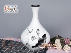 Lọ sơn mài dáng tỏi  mới vẽ chuồn sen cao 36cm