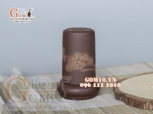 Lọ tăm gốm nâu khắc sen đỏ