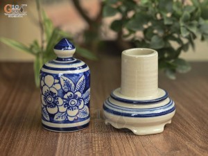 Lọ tăm men cổ vẽ hoa xanh lam