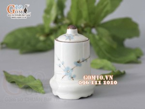 Lọ tăm men kem vẽ hoa Đào xanh