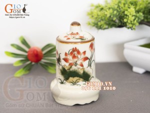 Lọ tăm men kem vẽ hoa Sen đỏ