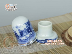 Lọ tăm men lam cổ vẽ Trúc Lâm Thất Hiền, viền vàng kim