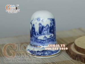 Lọ tăm men lam cổ vẽ Trúc Lâm Thất Hiền, viền vàng kim