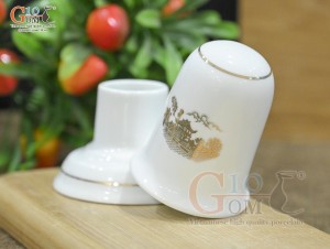 Lọ tăm men trắng họa tiết Chùa Một Cột vàng kim